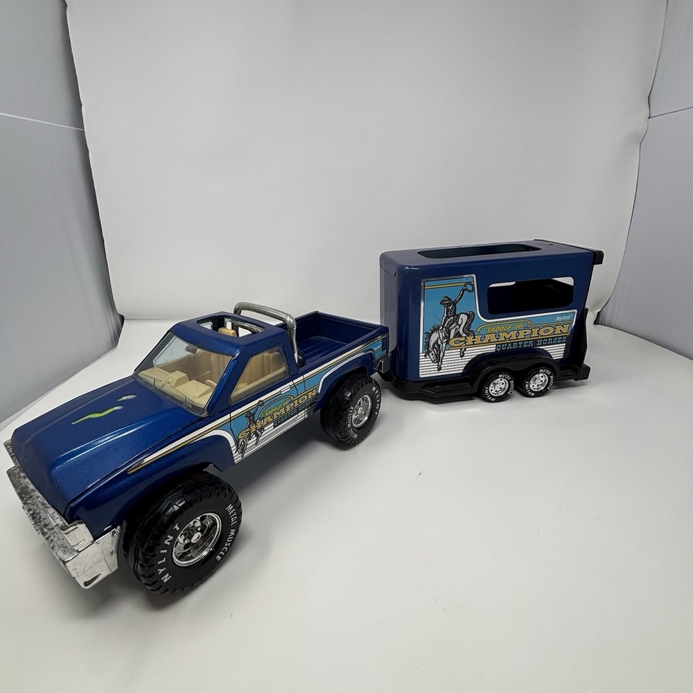 Vintage Nylint Saddle Up Champion Quarter Horses Blue Pickup Truck & Trailer USA